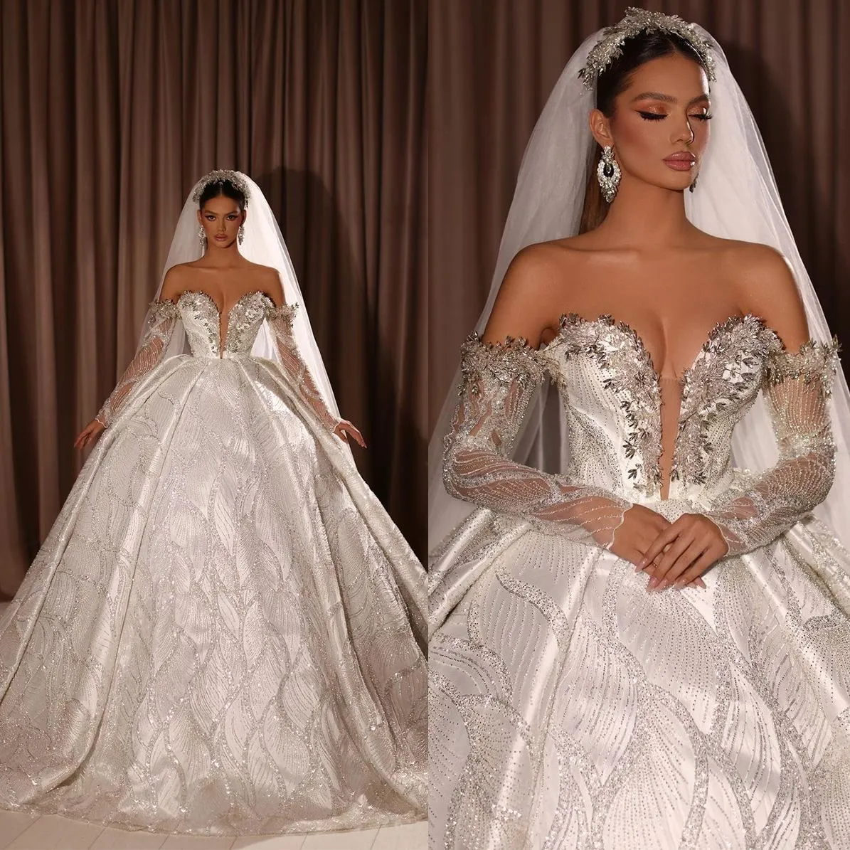 Cou sexy v sirène robes de mariée hors de l'épaule perle de robe de mariée sur mesure