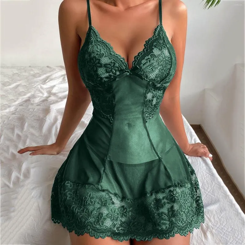 Women's Sleepwear Women Sexy Nightdress Dresses Deep-V Erotic Lingerie Lace Slik Transparent Nightwear With Panties Female Nightgown