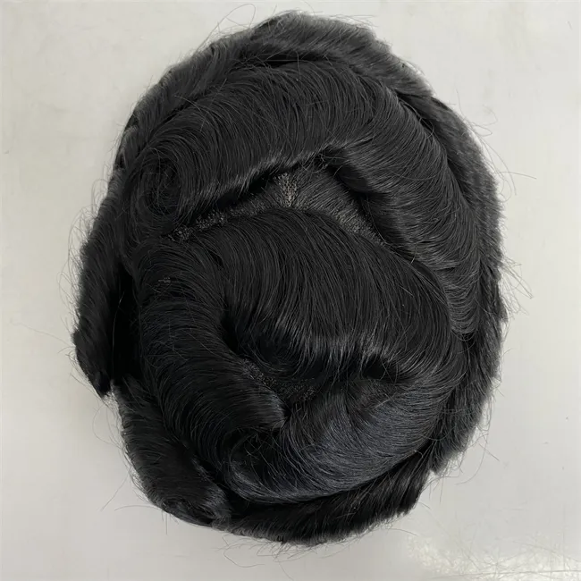 Capelli umani vergini malesi Posticci 8x10 # 1 Jet Black Color 32mm Wave Hollywood Mono Toupee Front Lace Unit per uomo