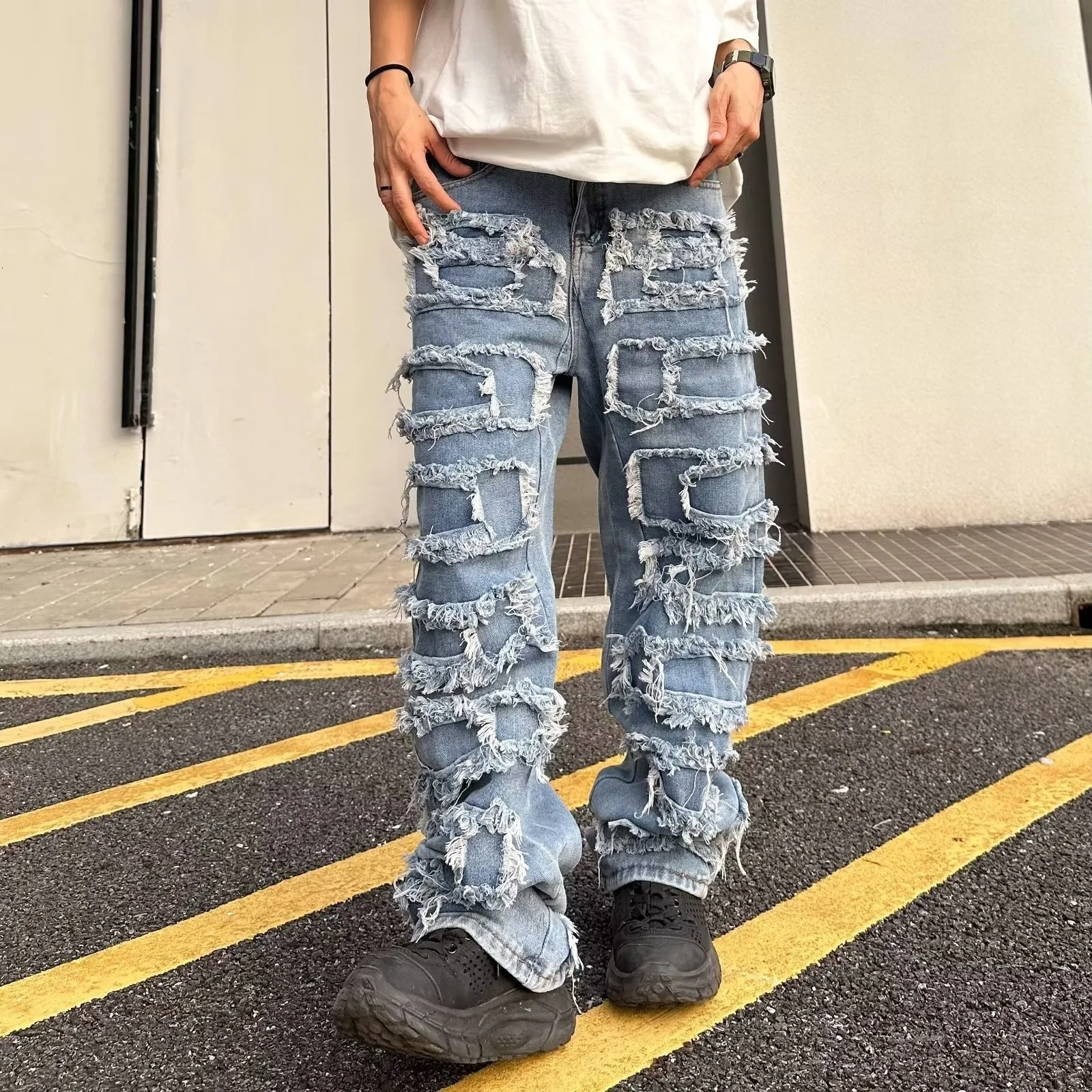 Mens Jeans Individualized patch jeans men and womens American high street hiphop fried beggar pants blue loose small crowd mopping 230516