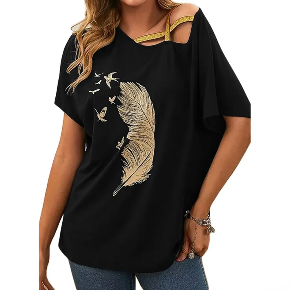 Women's Blouses Shirts Women Summer Shirts Blouses Loose Short Sleeve One Shoulder Blouse Casual Shirt Feather Print Blusas Cortas Sexy Female Tops 230516