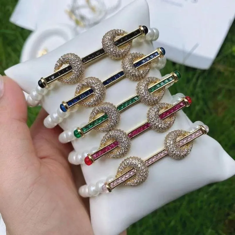 Link Bracelets 5PCS Fashion Elasticity Bracelet Pearl Shell Beaded Charm Zircon Bar Connector Bangles For Women 2023 Jewelry