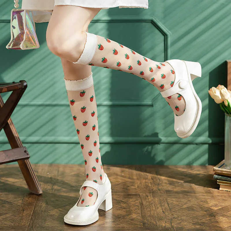 Socks Hosiery Strberry fishnet stockings knee thin for women socks ultra-thin transparent crystal silk long half sweet girl summer P230516