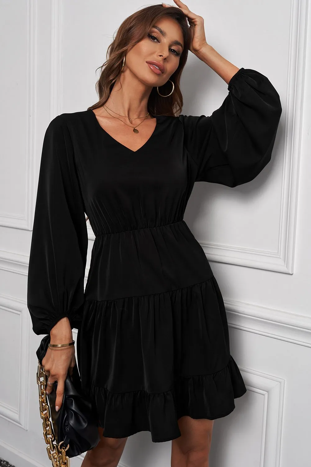 Black velvet mini dress with tiered ruffle balloon sleeves and zipper  closure from Dhgate Street Style Dresses - price 30.56