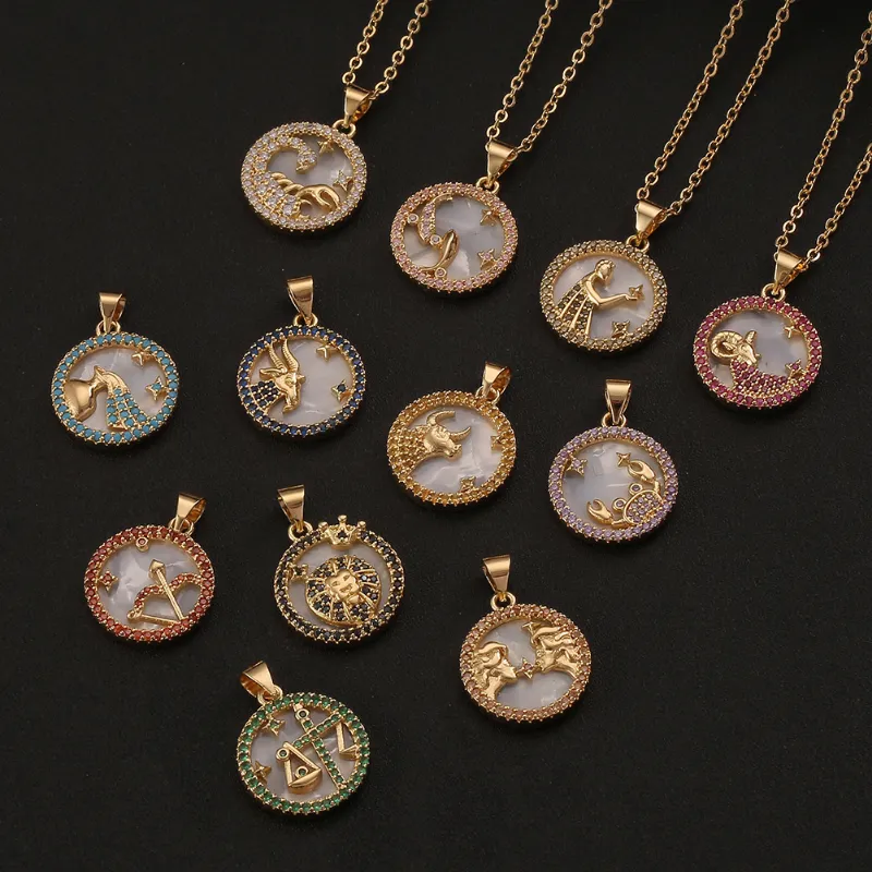 Round 12 Zodiac Sign Necklace Gold Chains Leo Aries Pisces Pendants Charm Star Sign Choker Astrology Necklaces Fashion jewelry