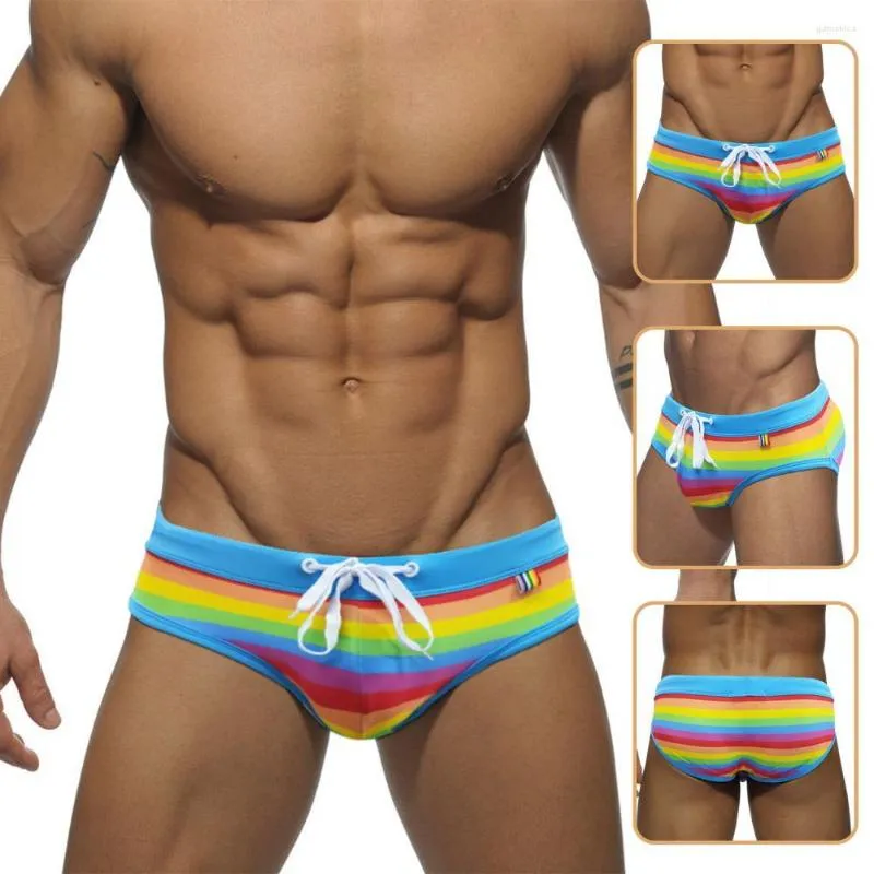 MUITAS PONTAS MID-RESIMENTO ELASTICIDADE NATAÇÃO TOMA NATAGEM COM MENOS U-CONVEX MEN Men Rainbow listrado estampa listrada Surf Briefs Beachwearwear