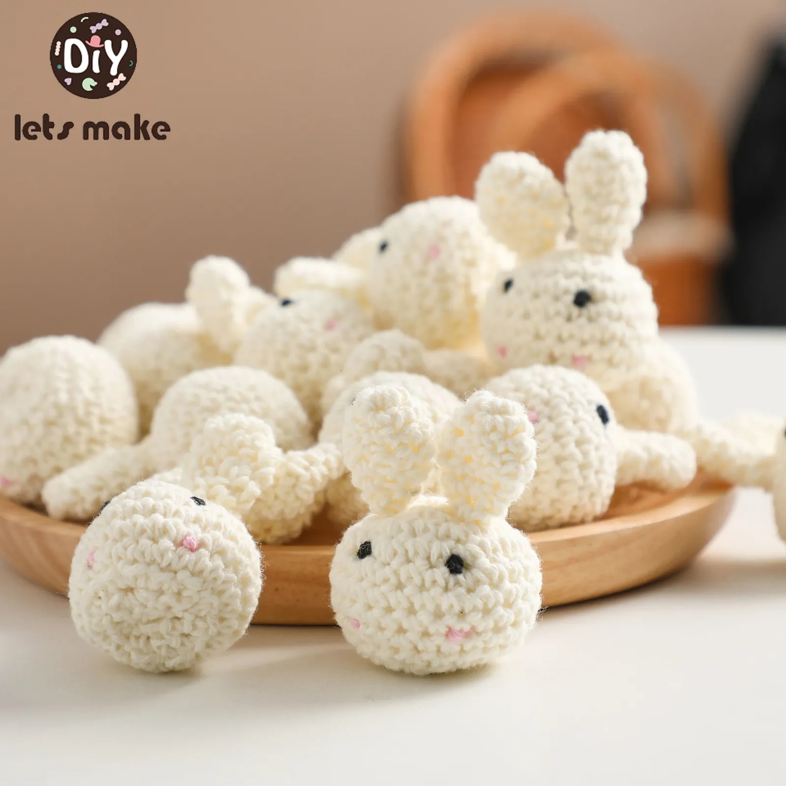 Baby Teethers Toys Let's Make 10pc Baby Teether Animal Crochet Beads Wooden Rodent Teething Bracelet Plush Rabbit For DIY Teething Knitting Beads 230516