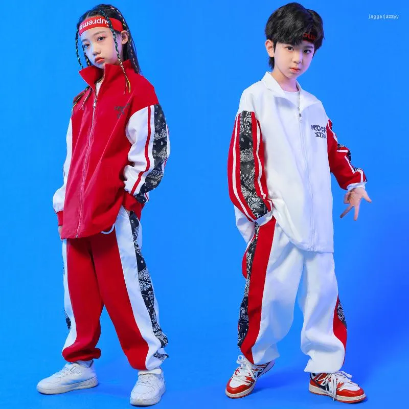Kids Hip Hop Teenage Loungewear Sets Red And White Zip Up Bomber