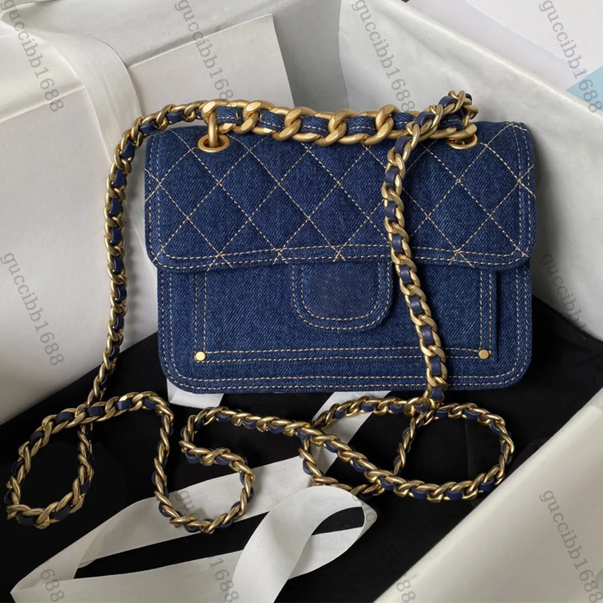 10A Mirror Quality Designers Vintage Messenger Flap Bags Small Womens Blue Denim Handbag Luxury Black Quilted Purse Crossbody Shoulder Chain Strap Bag With Box