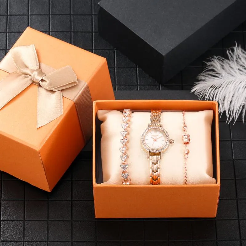 Armbanduhren Frauen Exquisite Rose Gold Runde Uhr 2 Stück schöne Armbänder Weihnachtsgeschenk Set mit Box Geschenk für Frau MamaArmbanduhren