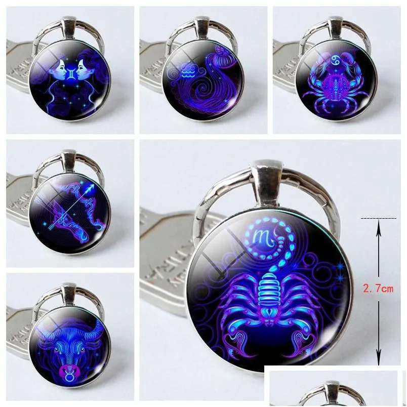 Sleutelringen 12 Constellatie Keychain Zodiac Sign Chain Round Glass Pendant Keyring Keyfob voor handtas Portebersassen Auto Charm Xmas cadeau OTM7Z