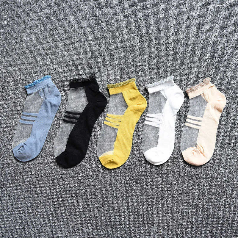 Socken Strumpfwaren 5 Paar Coole Transparente Sommer Nette Frauen Socken Set Atmungsaktive Dünne Damen Kaii Streifen Seidensocken Für Frauen Dropshipping P230516