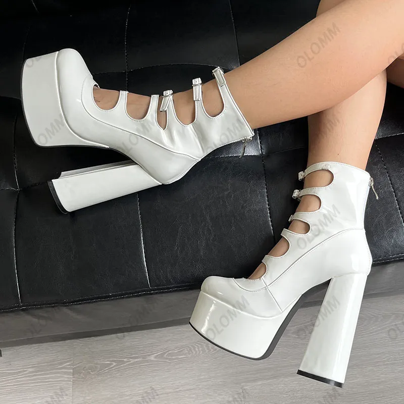 Olomm New Women Platform Ankle Boots Buckle Strap Back Zipper Chunky Heels Round Toe Pretty White Party Shoes Plus US Size 5-15