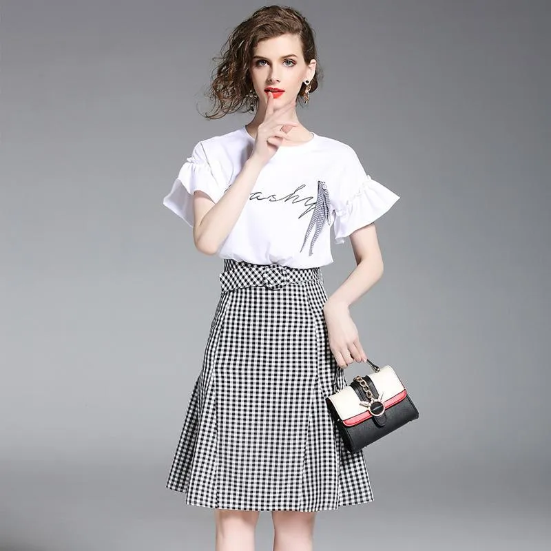 Skirts 2023 Style Summer Women Twinsets Short Flare Sleeve T-Shirt Tops Fashion Slim Plaid Zipper Skirt Two Pieces Set