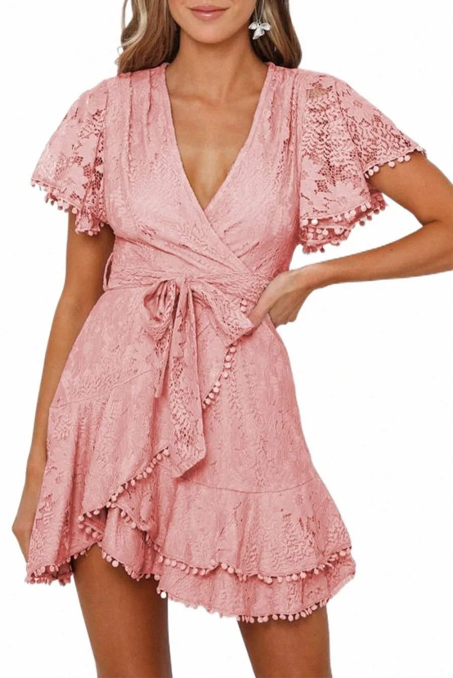 Pink Flutter Sleeve Wrap V cou cou de lacet floral robe courte B0pv #