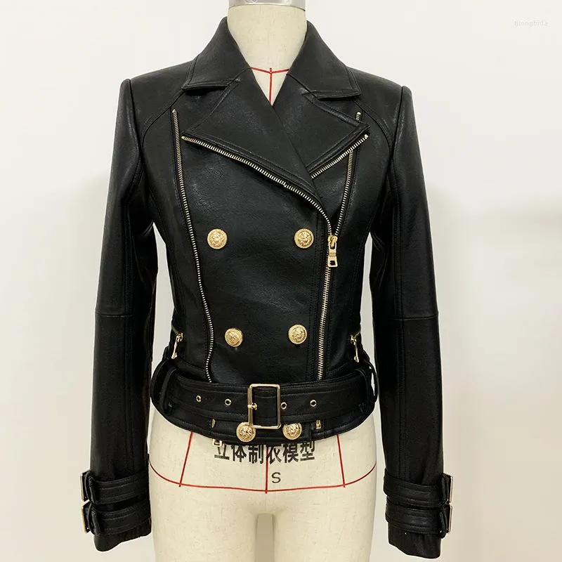 Women's Suits Eur&USA Stars 2023 Women's Jacket Fashion Lion Buckle Slim Double Zipper Oblique Biker's Leather Coats Blazers