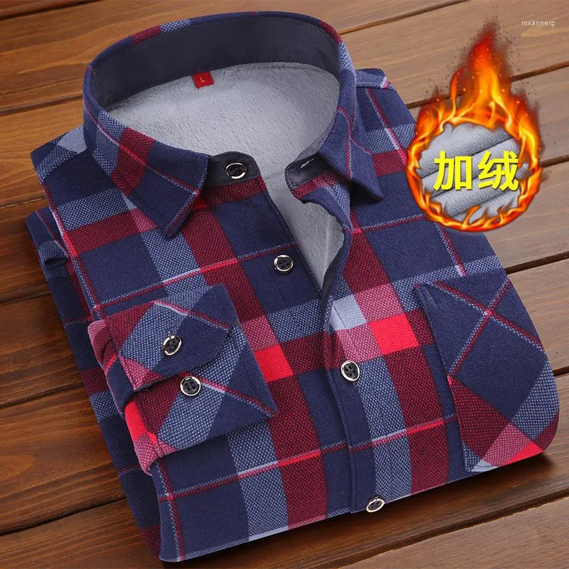 Men's Dress Shirts Winter Men's Plush Thickened Warm Long Sleeve Plaid Men Button-down Collar Thick Business Shirt Camisa Masculina