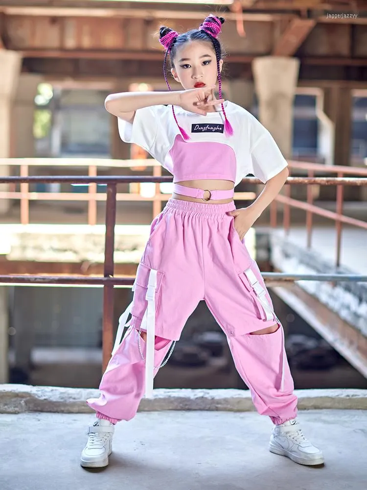 Stage Wear Girls Hip Hop Street Dance Clothes Summer Short Sleeves Tops Pink Pants Jazz Costume Kids Performance Suit BL8173