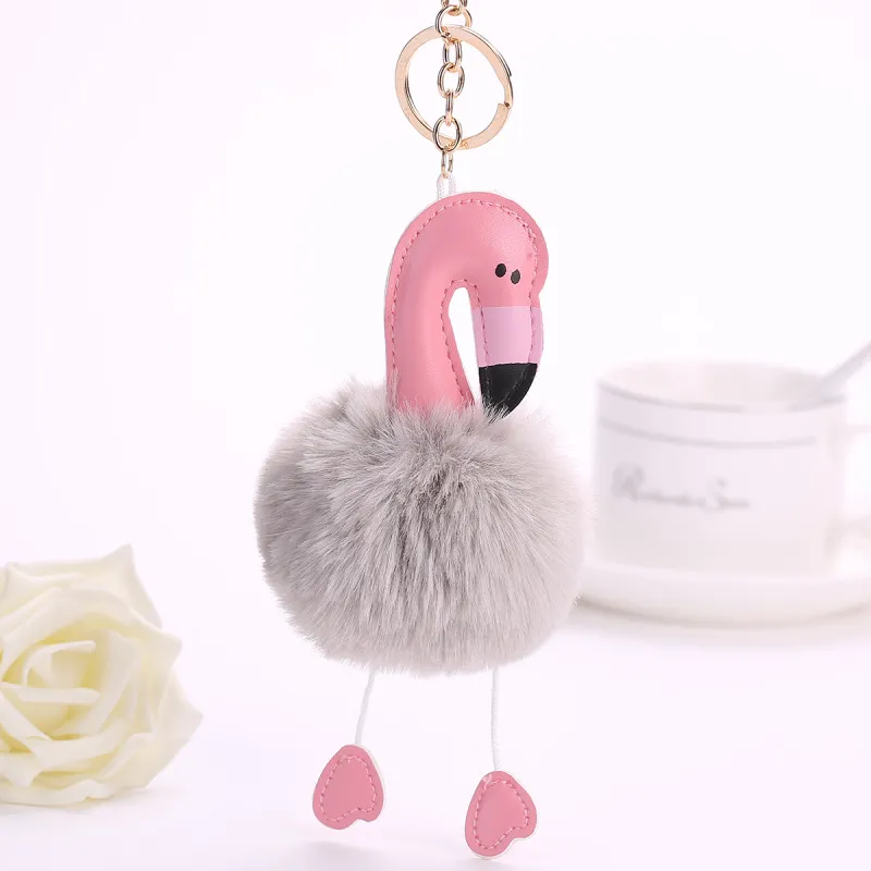 Diezi söt fluffig flamingo nyckelchain kanin nyckelkedja kvinnor päls väska charms nyckelringar pom pom bil hänge nyckelringhållare smycken