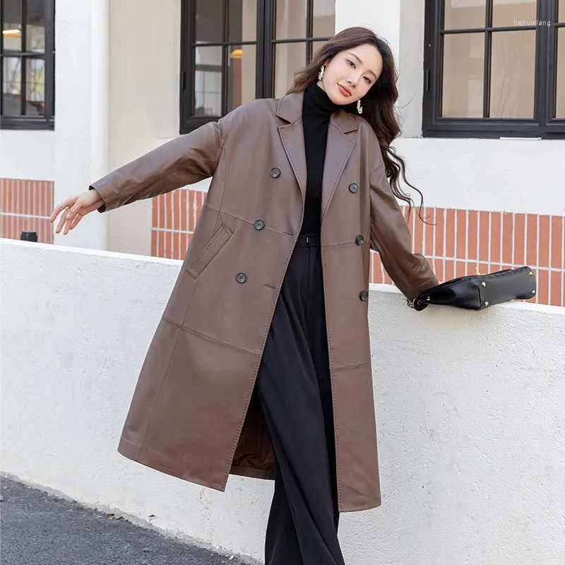 Veste en cuir pour femmes véritable vêtements 2023 printemps en peau de mouton ample Trench à double boutonnage pour les femmes