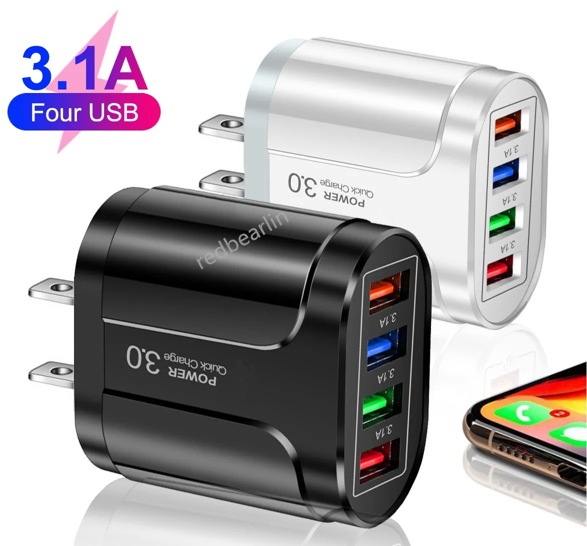 Snabbladdning 4usb -portar 3.1A USB Wall Charger Portable Power Adapter EU US Plugs för iPhone 13 14 15 Pro Samsung Huawei Android -telefon