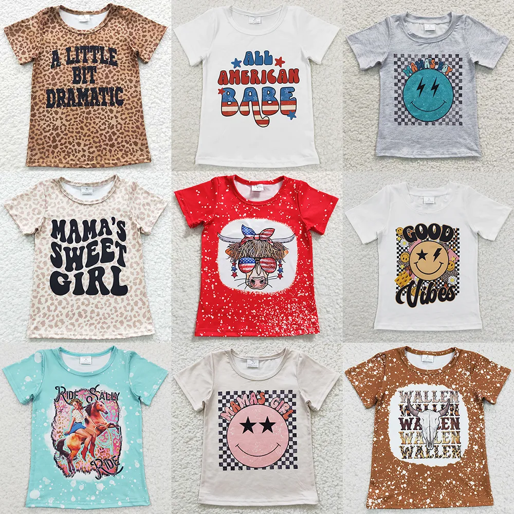 Boutique Kids Girls T shirts Summer Short Sleeve Baby Girl Clothes Tops Cow Western Fashion Children Clothing Top Wholesale