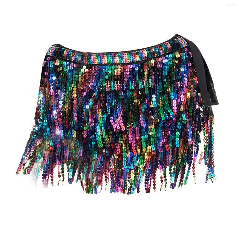 Scene Wear Women Belly Dance Hip Skirt Sequin Wrap Multilayer Outfits Tassel Scarf Belt för Performance Rave Clubwear Cha Girl