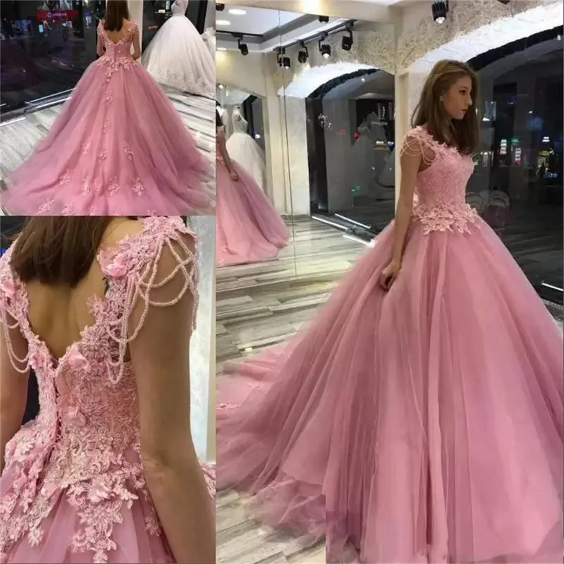 Quinceanera-jurken Princess Pink Sweetheart Appliques Beading Ball Jurk met veter tule plus size sweet 16 debutante feest verjaardagsvestidos de 15 anos 125