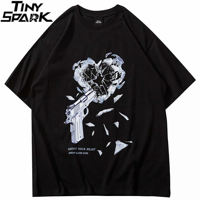 Herr t-shirts streetwear överdimensionerad tshirt hip hop pistol brytning hjärttryck t-shirt 2023 män harajuku bomull lös sommar kort ärm toppar tees l230515 l230515