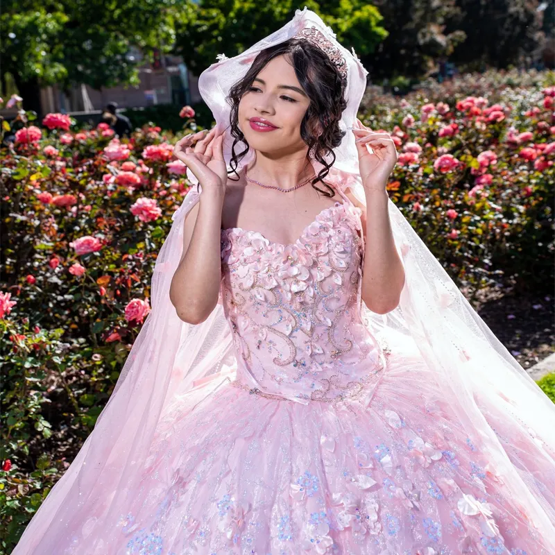 Messicano Rosa Vestido De 15 Anos Lilla Charro Quinceanera Abiti con Mantello Pizzo Applqiued Perline Corsetto Dolce 16 Abito Abiti Da