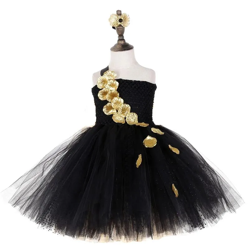 Mädchenkleider Goldschwarzes Tutu-Kleid und Stirnband für Mädchen, elegante, ausgefallene Blumen, Hochzeitswettbewerb für Kinder, Geburtstag, Klavier, Po-Requisite