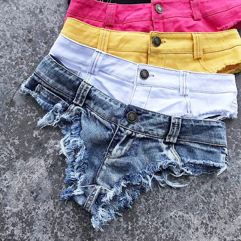 Kvinnors shorts qisin kvinnor sexig låg midja hål tassel denim shorts jeans thong short feminino 230516