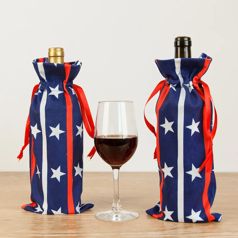 Independence Day Wine Bags with Drawstring Stars and Stripes Wine Bottle Decorative Bags Wine Bottle Cover for Packaging 4th of July