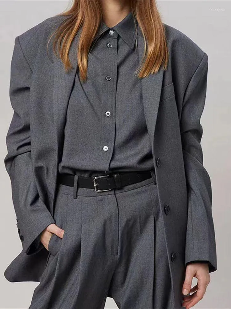 Women's Suits 3 Colors Women Shoulder Padded Wool-Blend Blazer 2023 Autumn Winter Office Lady Casual All-Match Straight Silhouette Jacket