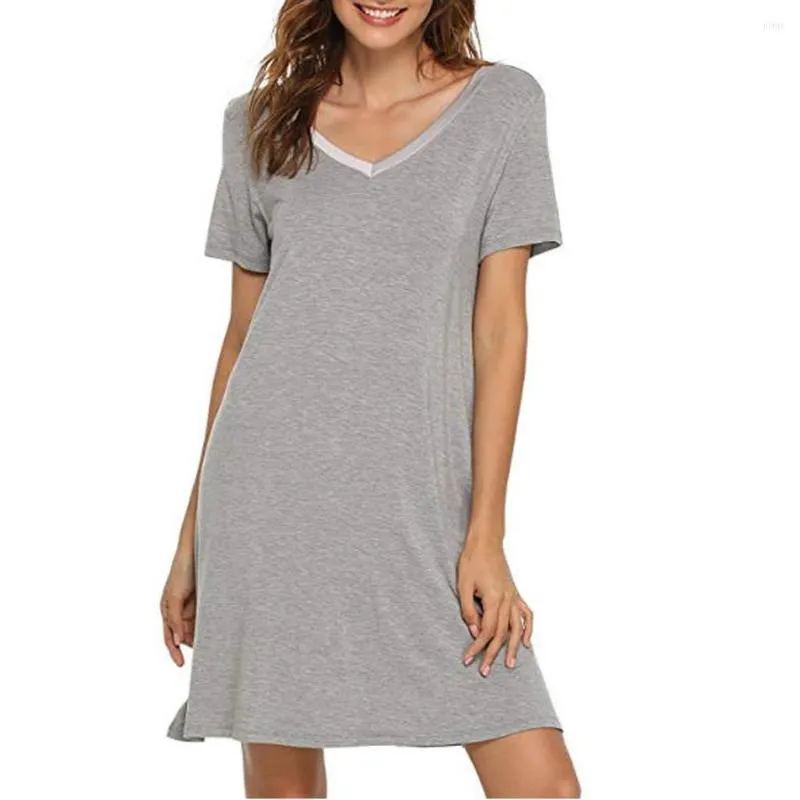 Grey Lace V-Neck Night dress for Women - Short Sleeve Casual Pajamas, Sexy Sleepwear, Nightgown, and Home Skirt