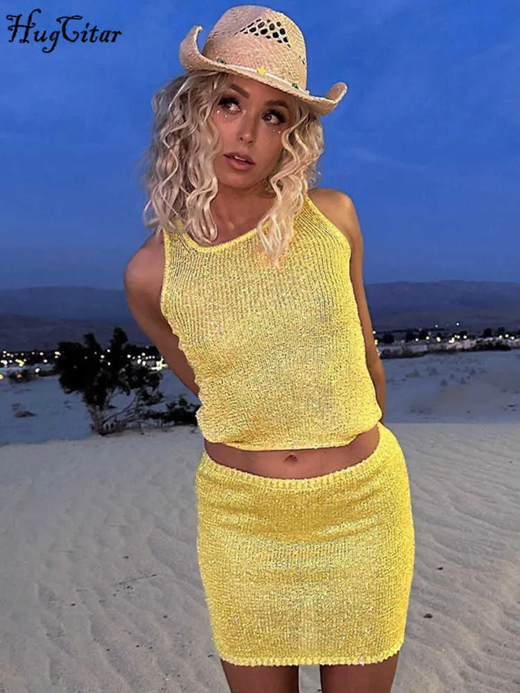 RUKAS Crochet Sequined Solid Sexy See Through Crop Tank Top Skirt 2 Piece Sets Summer Women Shine Beach Festival Party Outfit