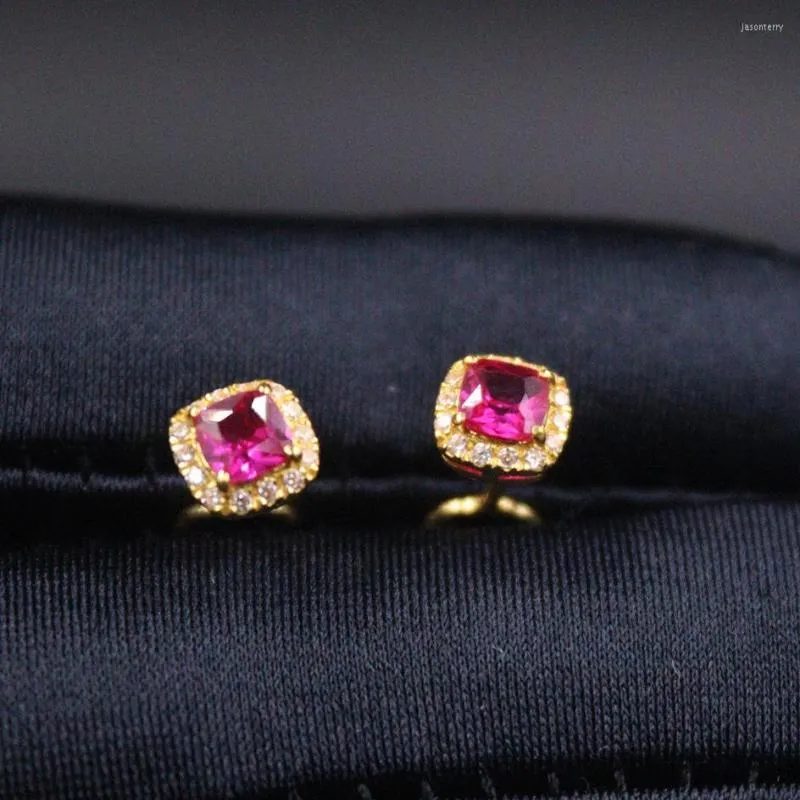 Stud Earrings 999 Pure 24K Yellow Gold For Women Rose Red Cubic Zirconic Gemstone Hook Weight 1.68g