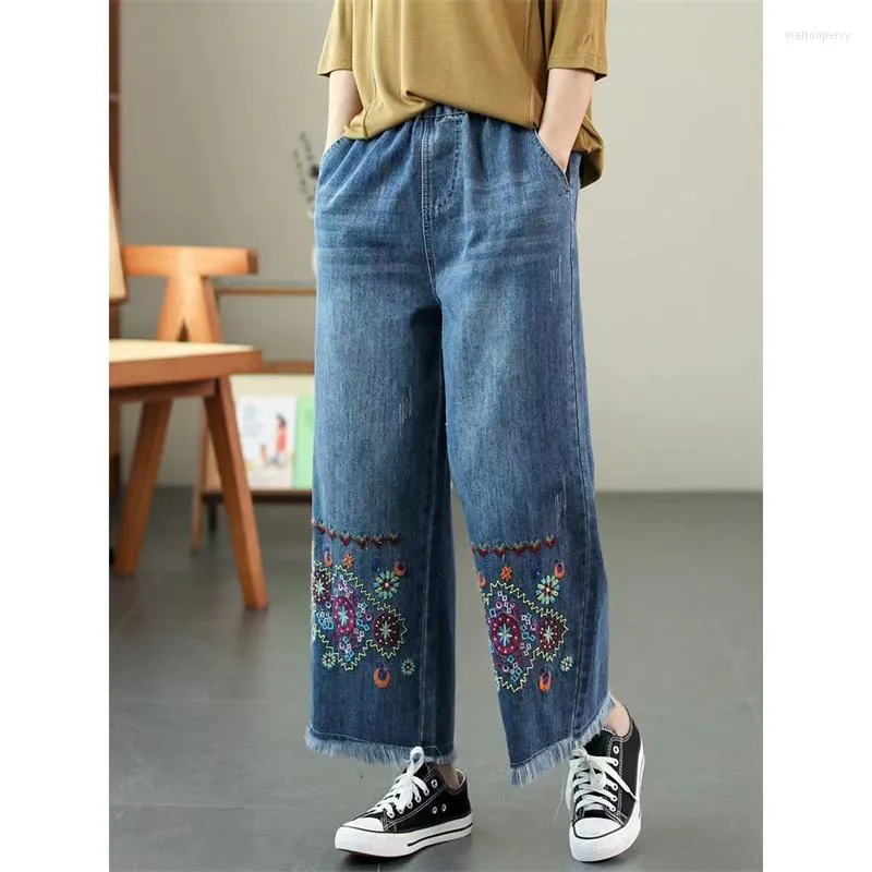Jeans pour femmes délavé bleu Style ethnique Denim pantalon à jambes larges pour femmes automne élastique taille haute brodé ample recadrée femme