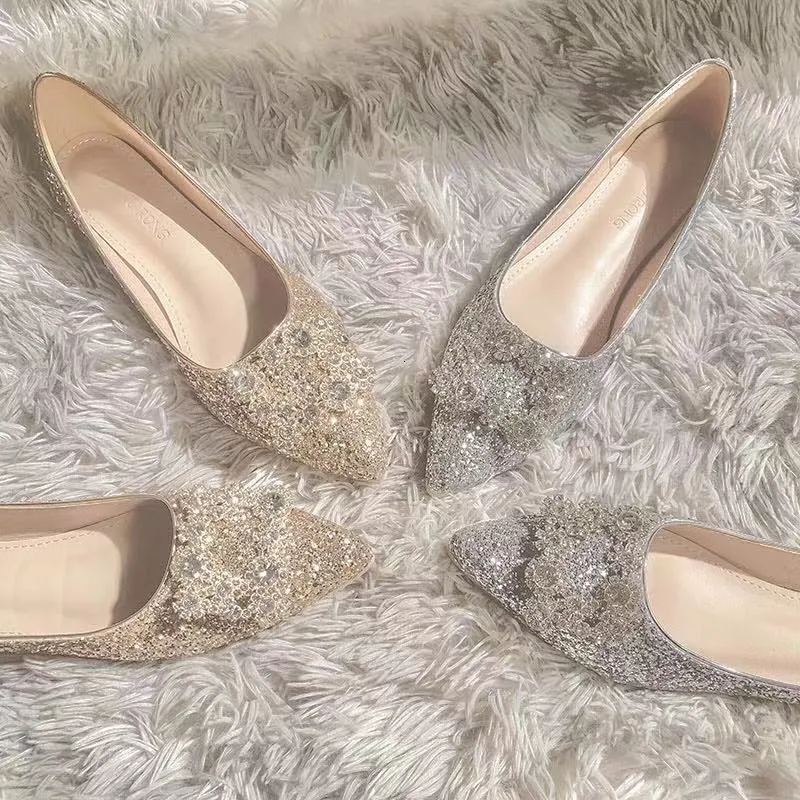 Vestido sapatos sepatu pernikahan datar warna campuran perak rendah balerina selip bersinar untuk wanita balet pingiriring pengantin elegan ukuran plus 230516