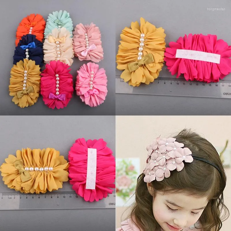 Decorative Flowers Girl Hair Matte Satin Rolled Flower Pearl Rhinestone Center Rose For Headband 11cm 20pcs/lot 8color Kids