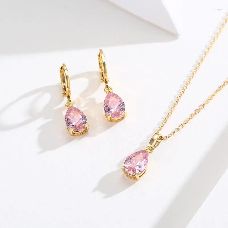 Necklace Earrings Set 8Colors Cute Brass Yellow Gold Color Pear CZ Small Teardrop Charm Drop Pendant Jewelry For Women Girls 18"