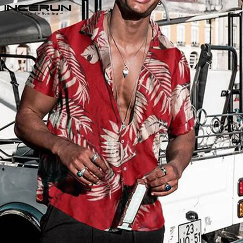 Mens Casual Shirts Summer Hawaiian Red Tropical Floral Men Tops Shirt Short Sleeve Cotton Button Chemise Loose Vacation Beach 230516