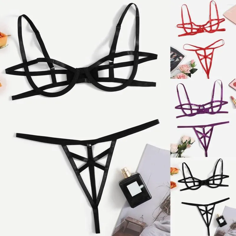 Kvinnors badkläder Kvinnor Slim Decor Cut Out Underwire Underkläder Set Two Piece Underwear Bowknot Spets Sexig klänning med benband