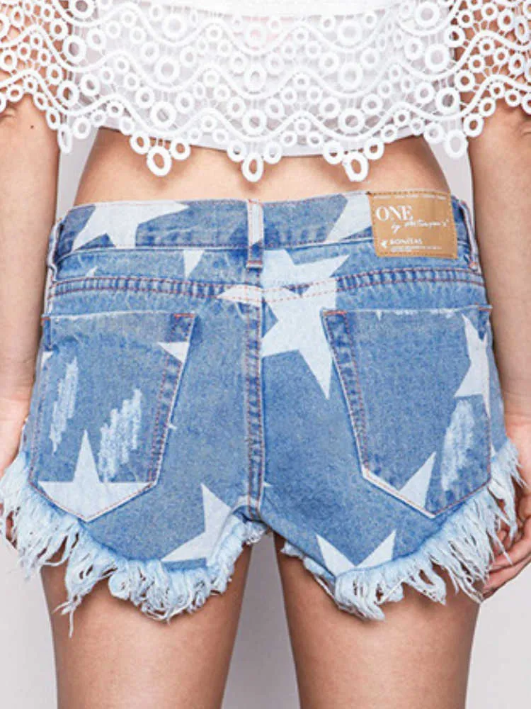 Women s Denim Shorts Casual Streetwear Five pointed Star Print Tassel Y2k Korean Kawaii Short Blue 2024