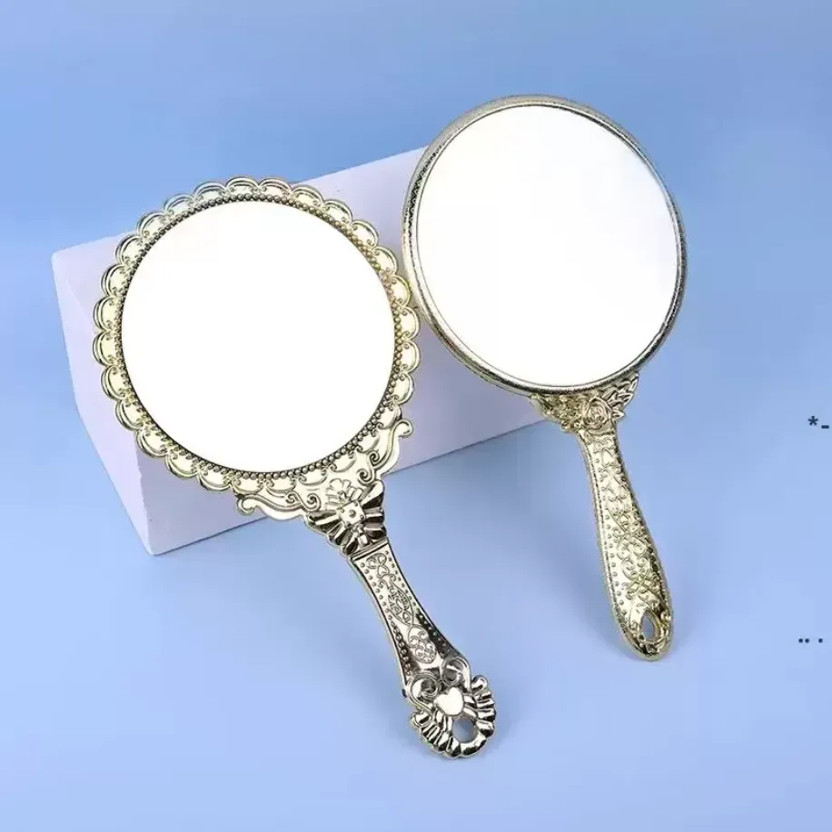 Hand held Makeup Mirrors Romantic Vintage Hand Hold Zerkalo Gilded Handle Oval Round Cosmetic Mirror Make Up Tool Dresser Gift S6