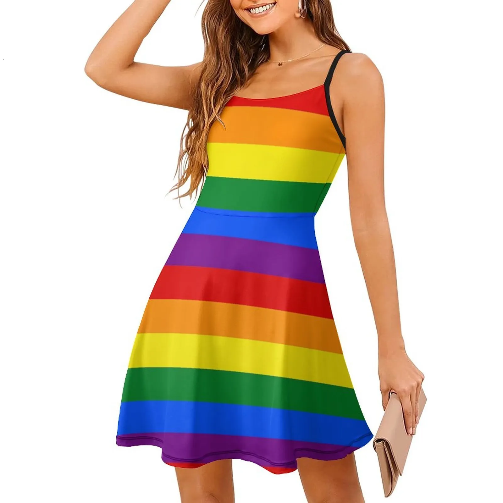 Rainbow Flag Sling Dress With Pockets For Women Sexy And Humorous