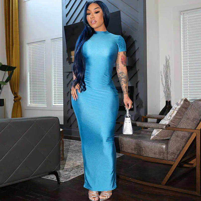 RUKAS Elegant Summer Maxi Dress Pure Color Short Sleeves Slit