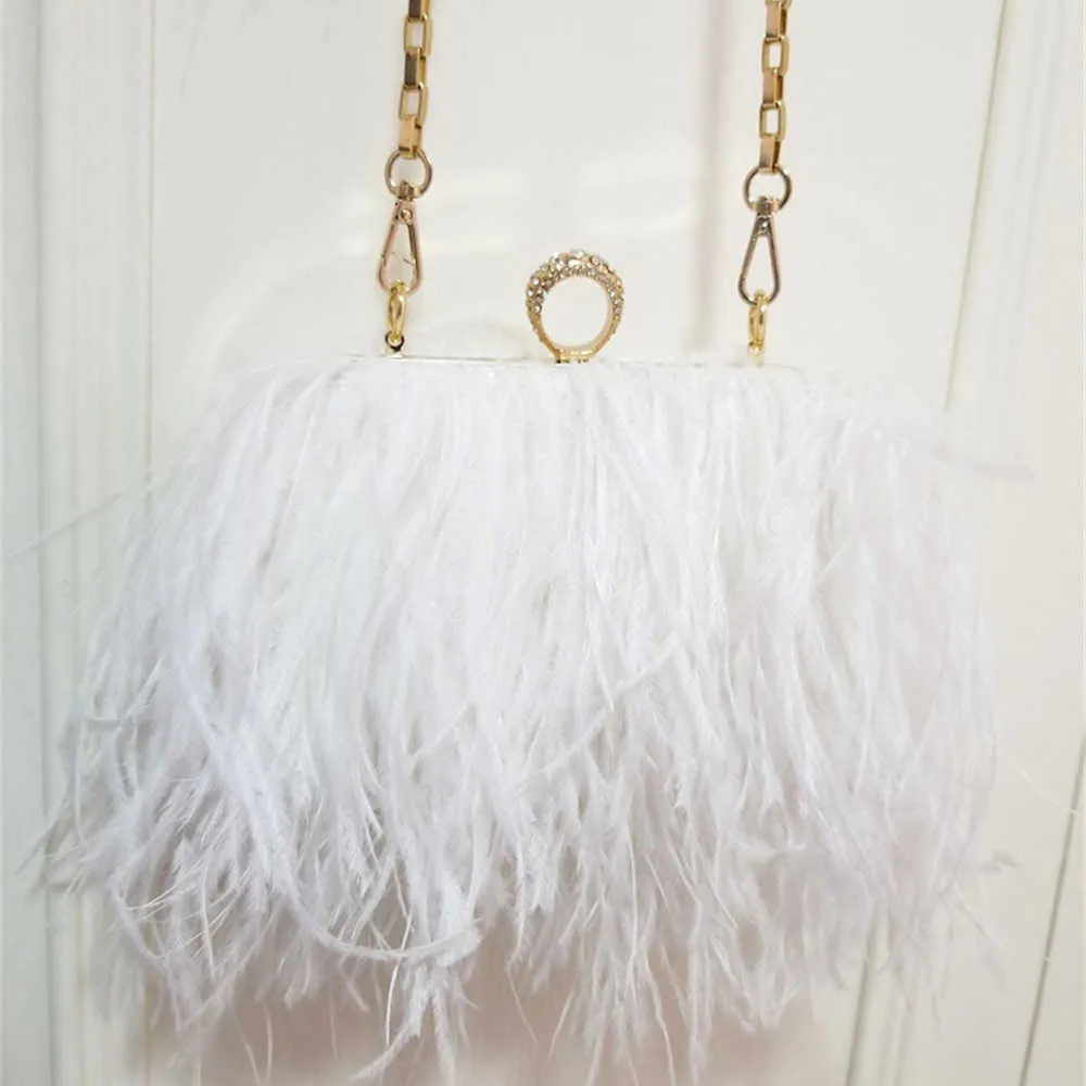 Shoulder Bags Luxury Ostrich Feather Party Evening Clutch Women Wedding Purses and Handbags Small Chain Designer 230426