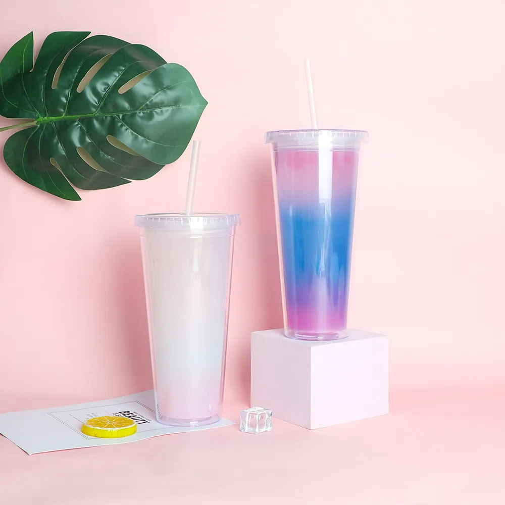 Tasse en plastique double couche tasse cadeau sens créatif gradient de température boisson paille couleur changeante tasse