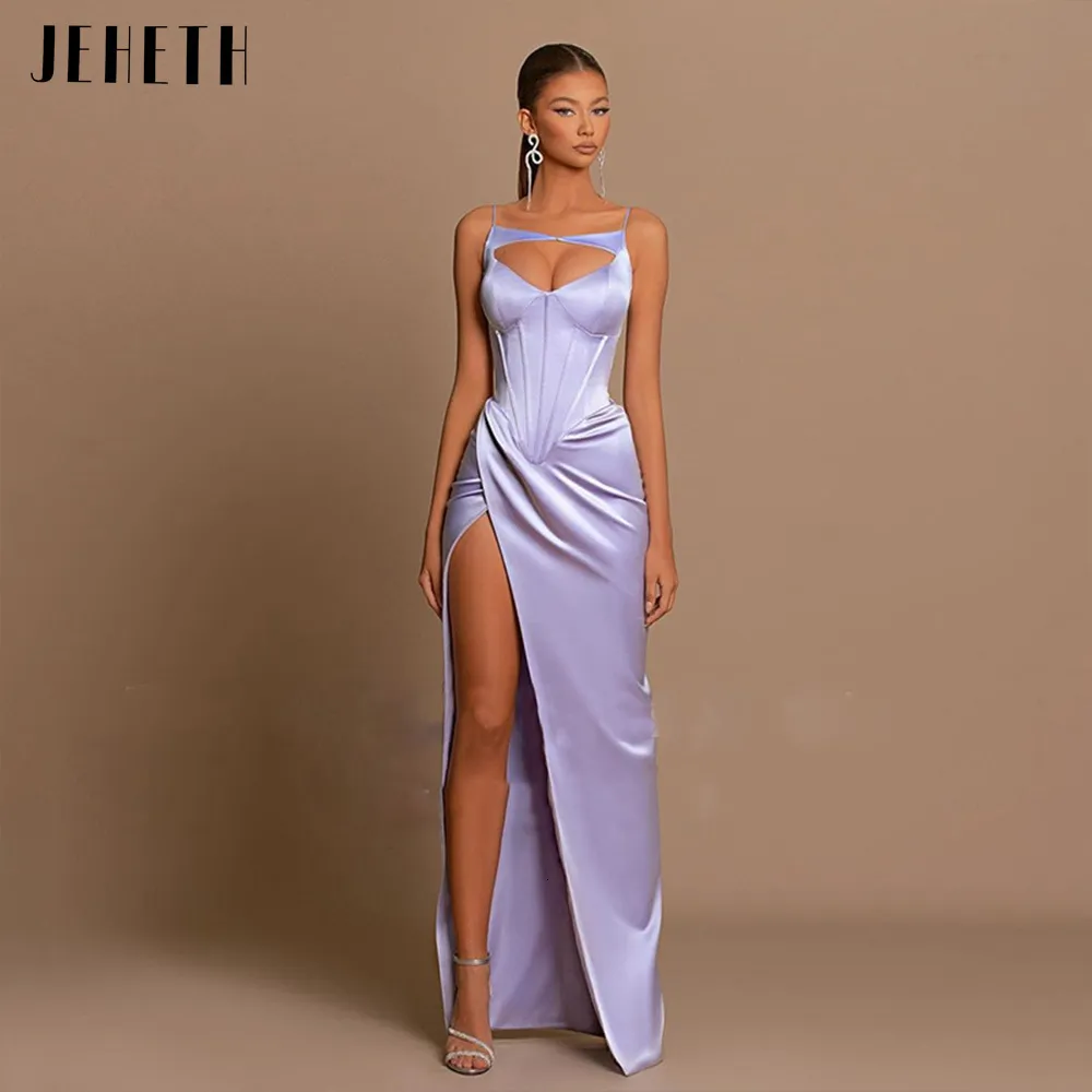 Party Dresses Jeheth Lilac Sexig mjuk satin Spaghetti Straps Evening Beach High Split Backless Prom Gown Formell lång golvlängd 230515